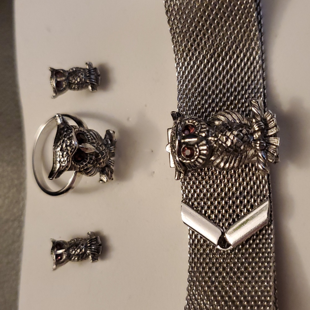 Vintage SARAH COVENTRY SIlver OWL NOCTURNE Earrings Bracelet & Ring Jewelry Set